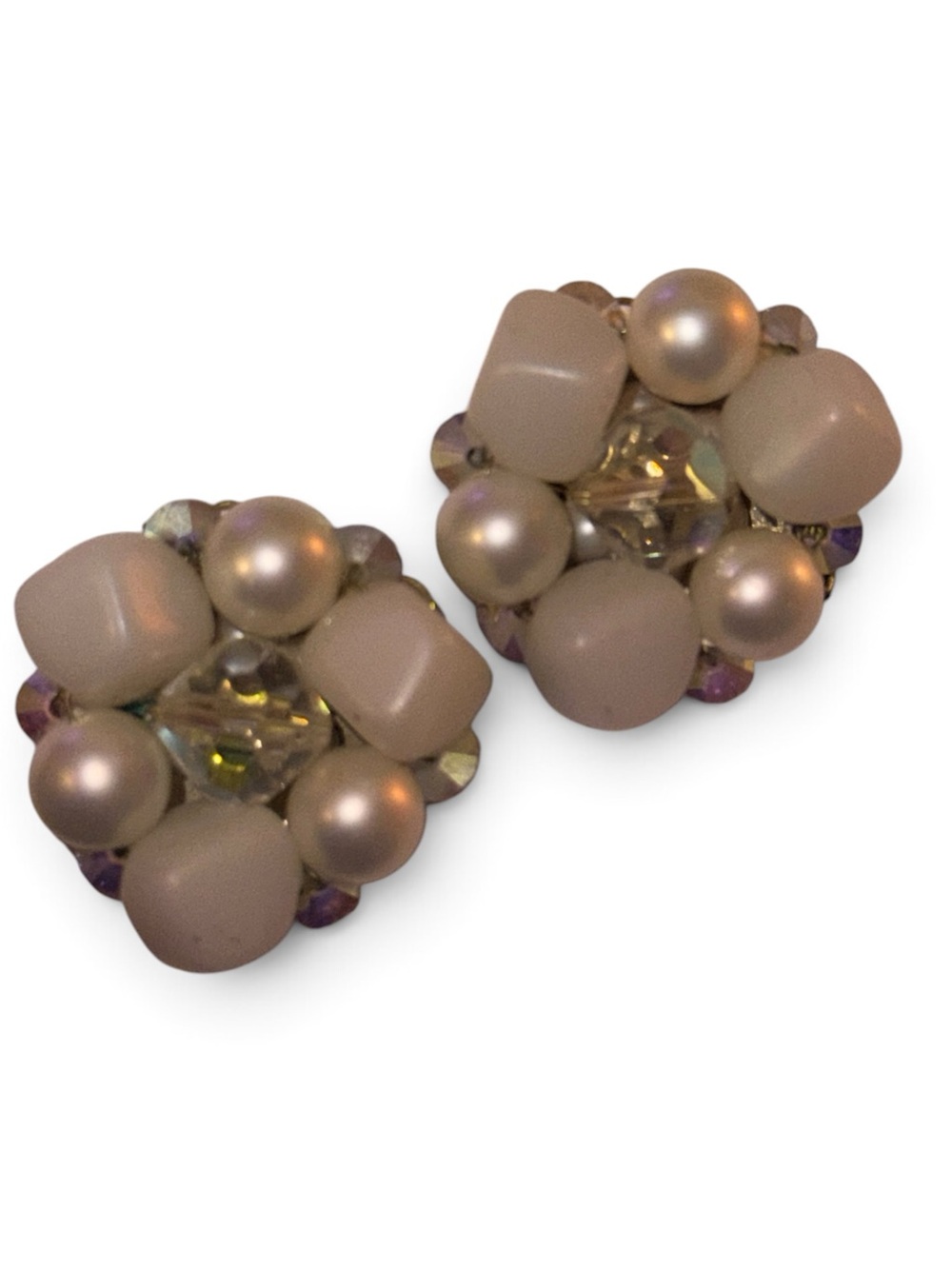Marvella vintage faux pearl and aurora borealis crystal cluster clip-on earrings